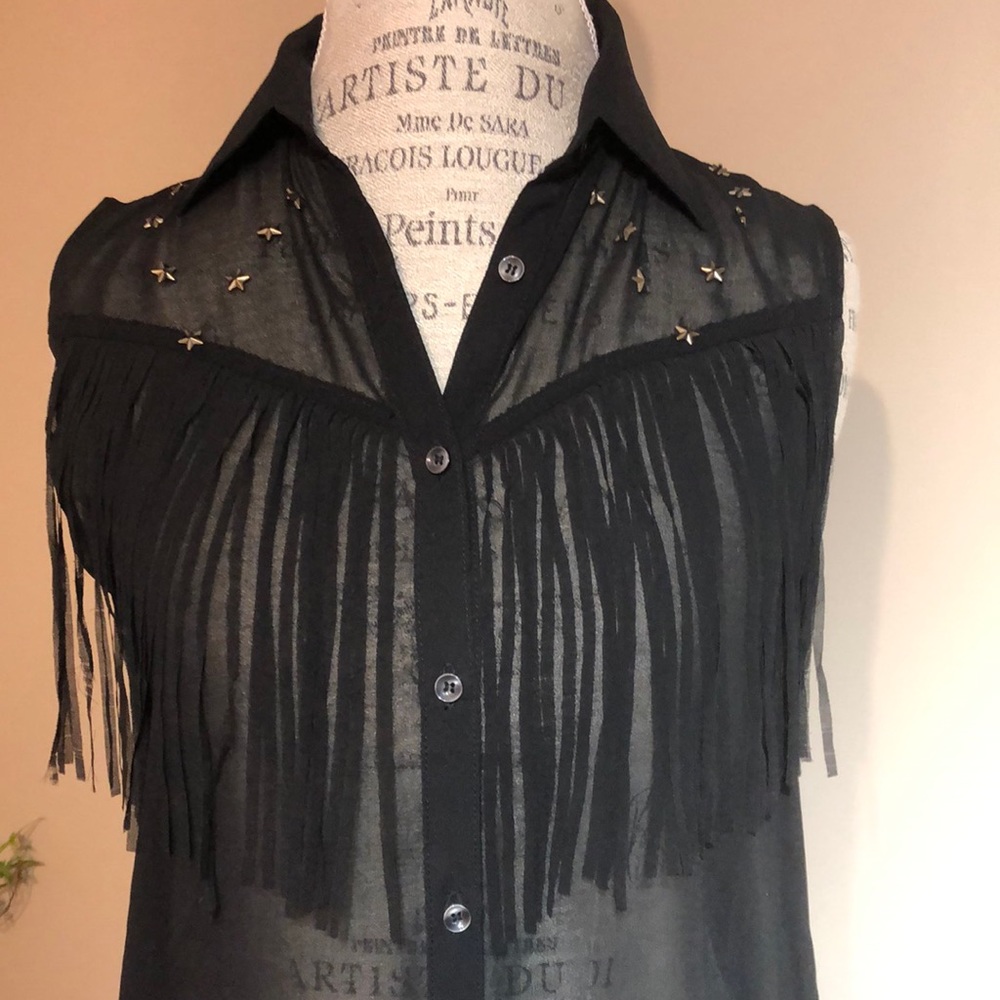 Western Sleeveless Button Up Shirt, Sheer, Frills, Black(size small)